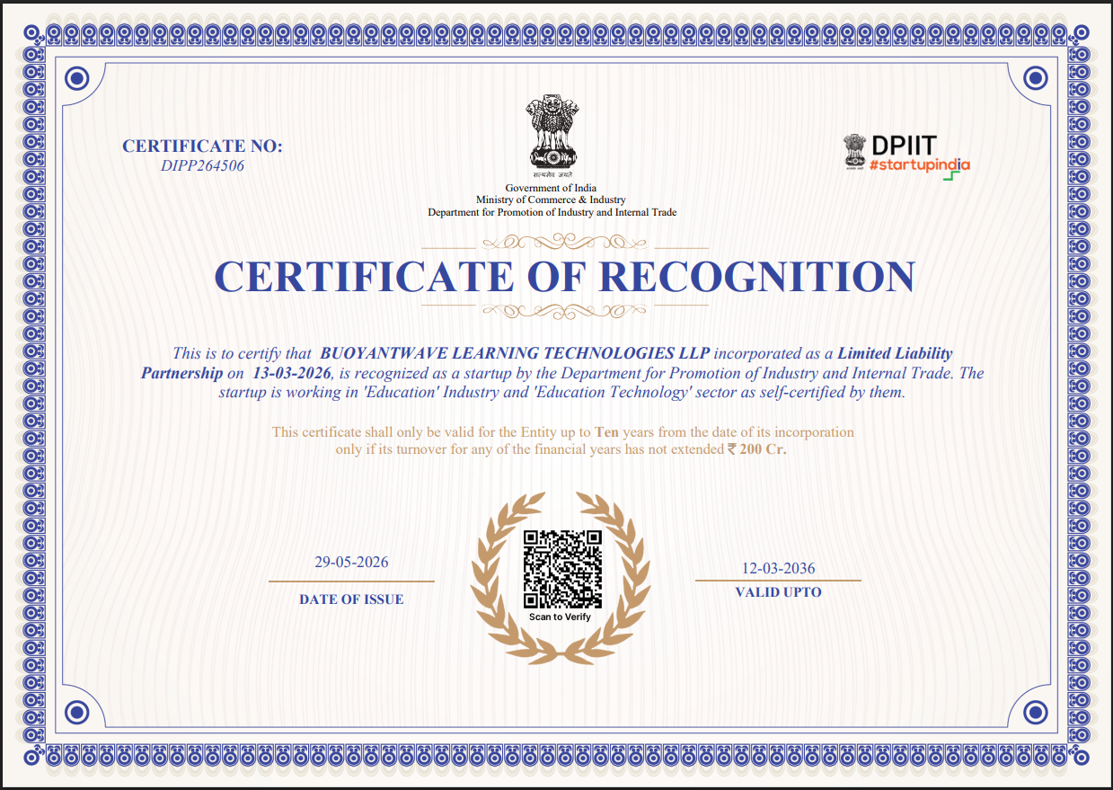 DPIIT recognition certificate for BuoyantWave Learning Technologies LLP